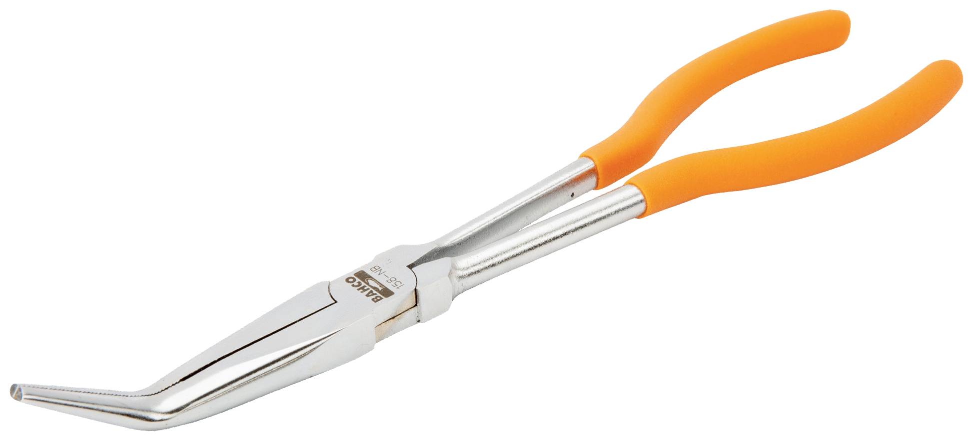 Pince fine à becs pointus avec poignées incurvées oranges sur fond blanc. Adaptée pour saisir de petits objets dans des zones difficiles d'accès.