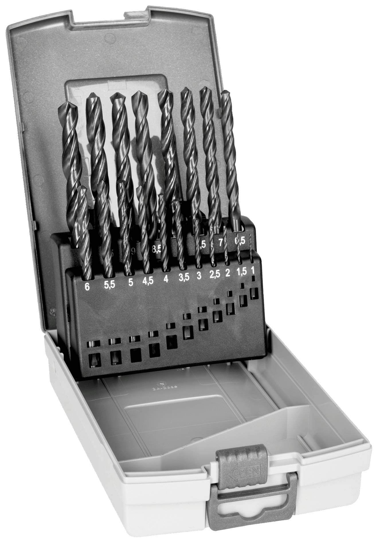 Coffret de forets comprenant plusieurs forets de différentes tailles, présenté dans un étui en plastique ouvert. Adapté pour divers matériaux.