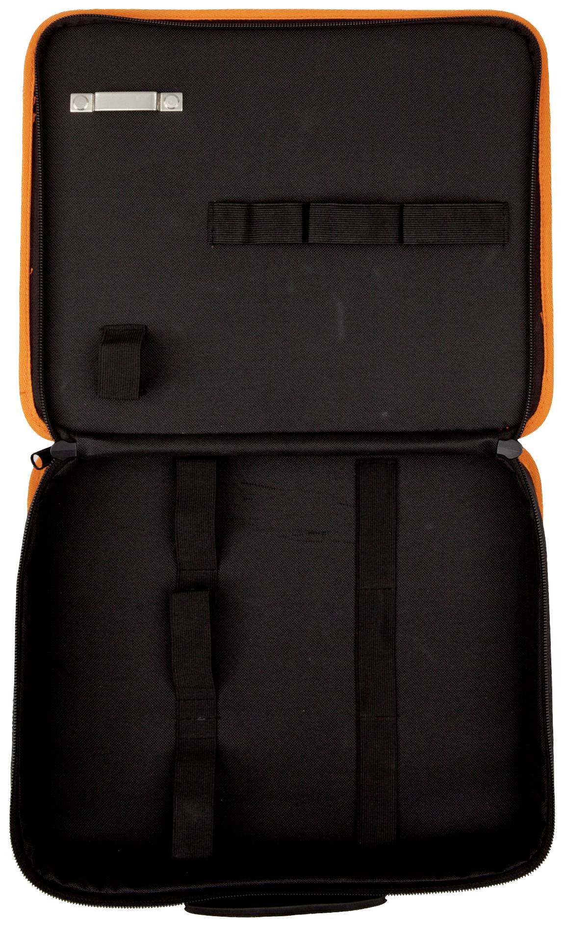 Un étui de protection noir ouvert, équipé de sangles de serrage et de points de fixation intérieurs. Il présente un bord orange.