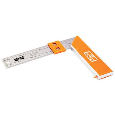 Un mètre pliant Bahco orange et blanc, déplié à un angle de 90 degrés, avec des graduations en centimètres et en pouces clairement visibles.