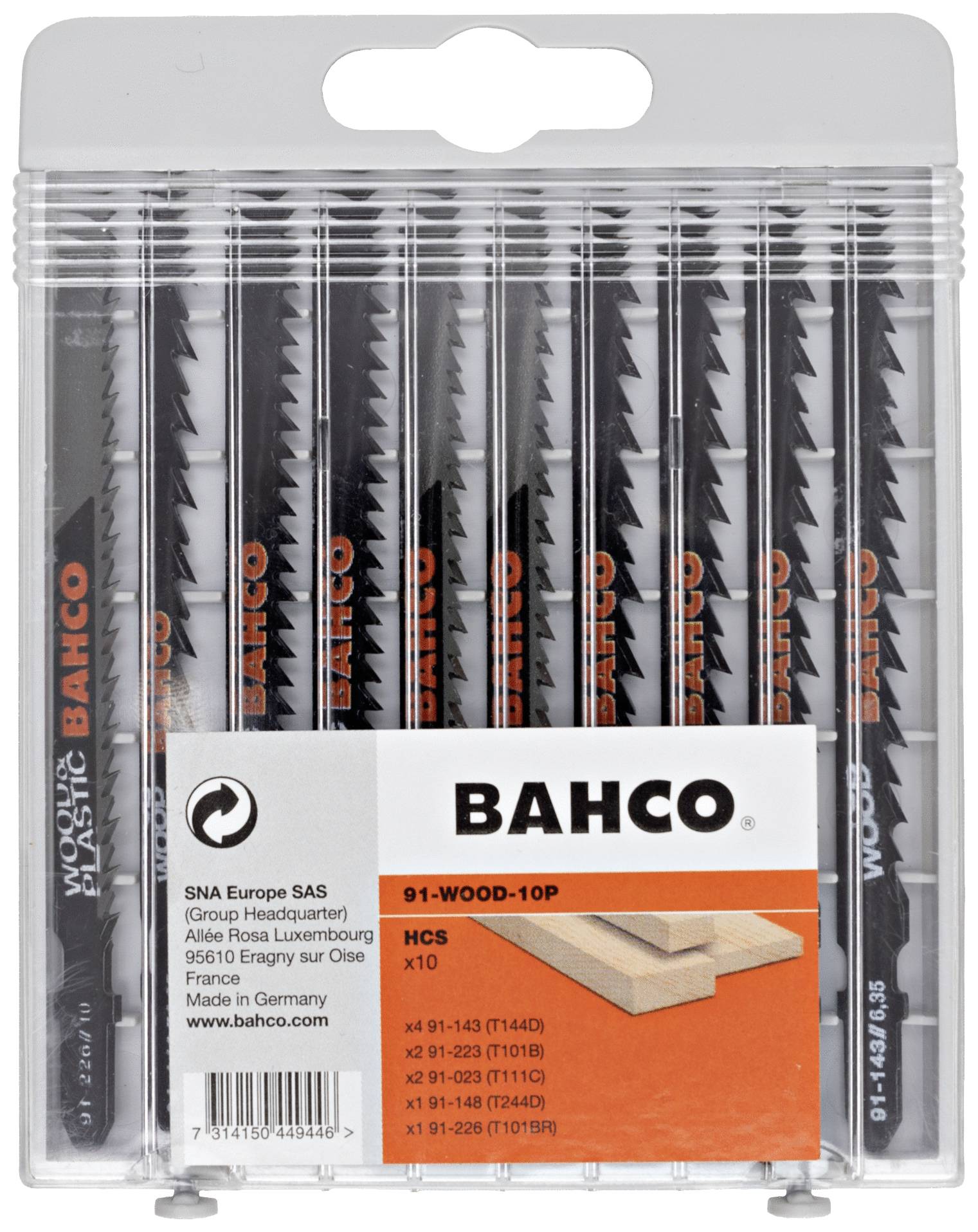 Ensemble de lames de scie Bahco pour le bois. Dix pièces dans un emballage plastique transparent. Fabriqué en Allemagne.