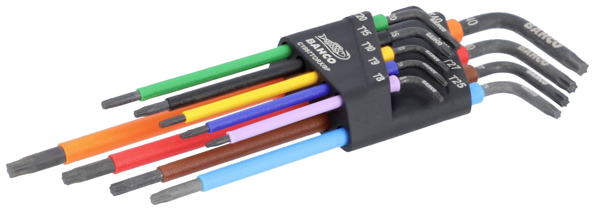 Un ensemble de clés Torx colorées de différentes tailles, alignées dans un support noir.