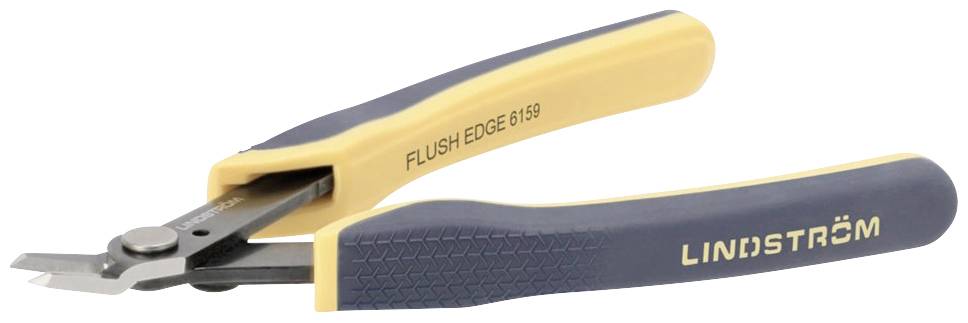 Pince coupante avec poignées jaunes et tête de coupe noire, marquée 'Lindström' et 'Flush Edge 6150'. Adaptée pour une coupe précise.
