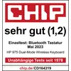 Note 'très bien (1,2)' du magazine 'CHIP' pour le clavier sans fil HP 975 Dual-Mode, note individuelle du test de claviers Bluetooth de mai 2023.