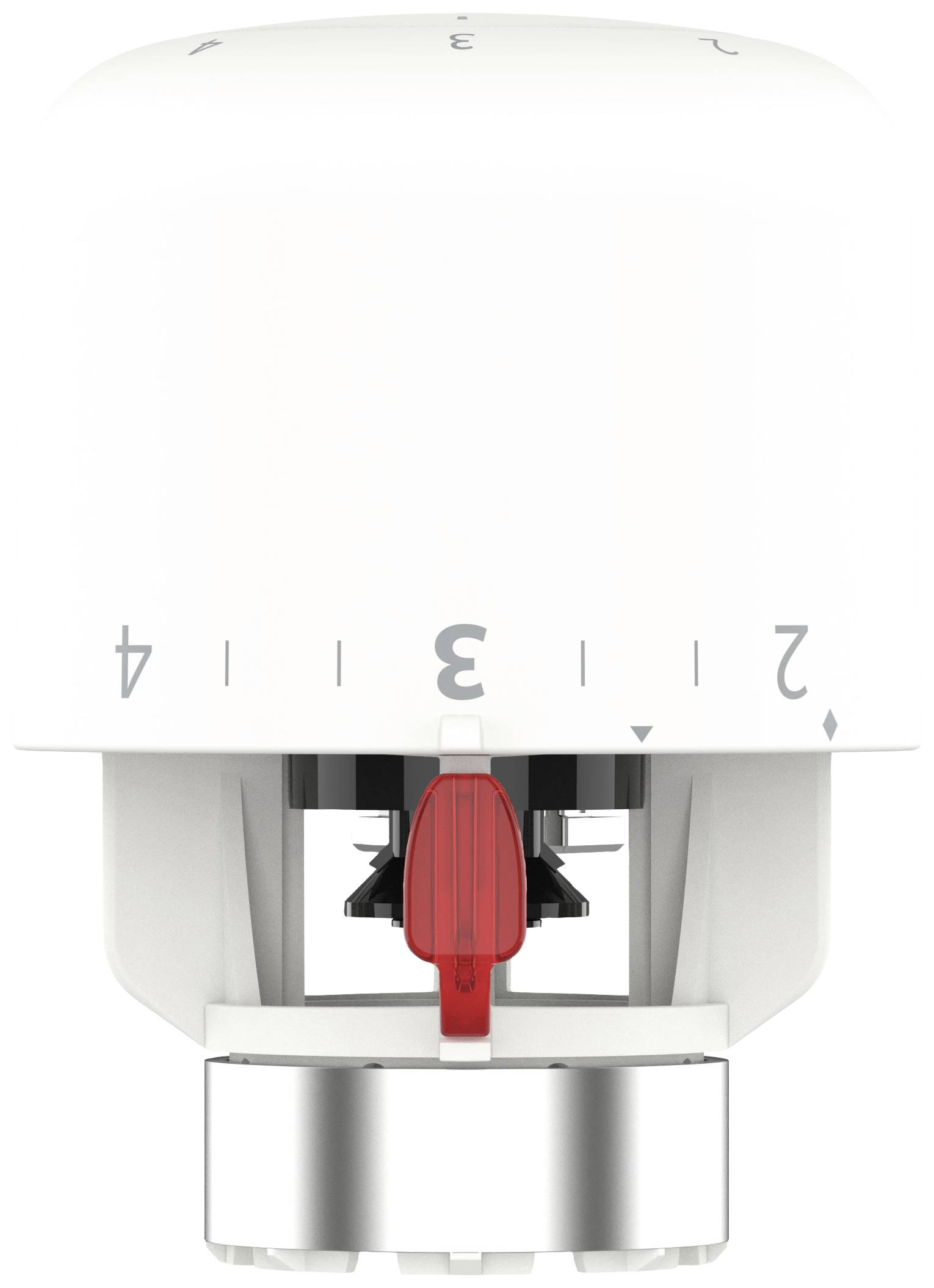 Tête de thermostat avec échelle de 1 à 5, levier de réglage rouge au centre. Principalement blanc.