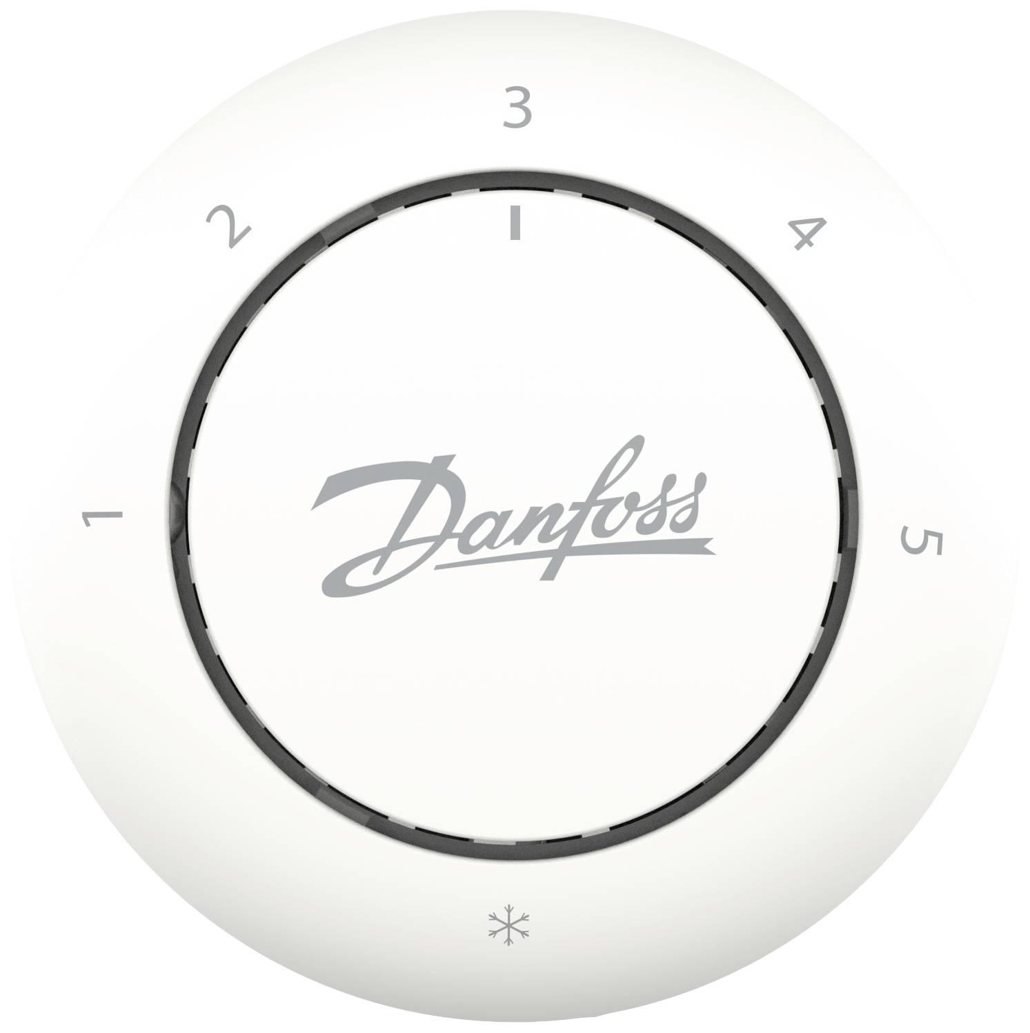 Un thermostat blanc portant l'inscription 'Danfoss' au centre et une échelle de 1 à 5, servant à réguler la température.