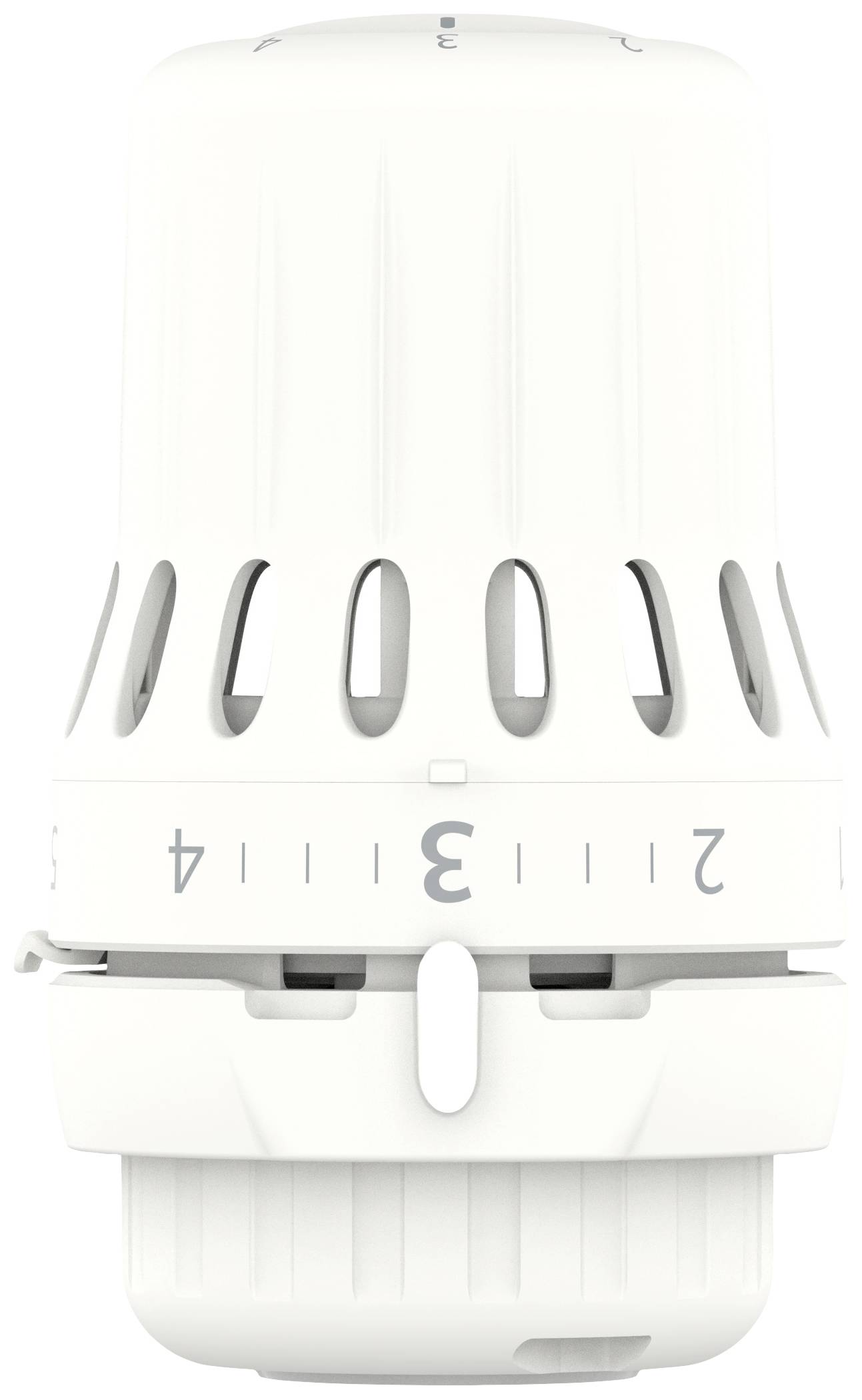 Un thermostat de radiateur blanc avec des chiffres de 1 à 5 pour le réglage de la température.