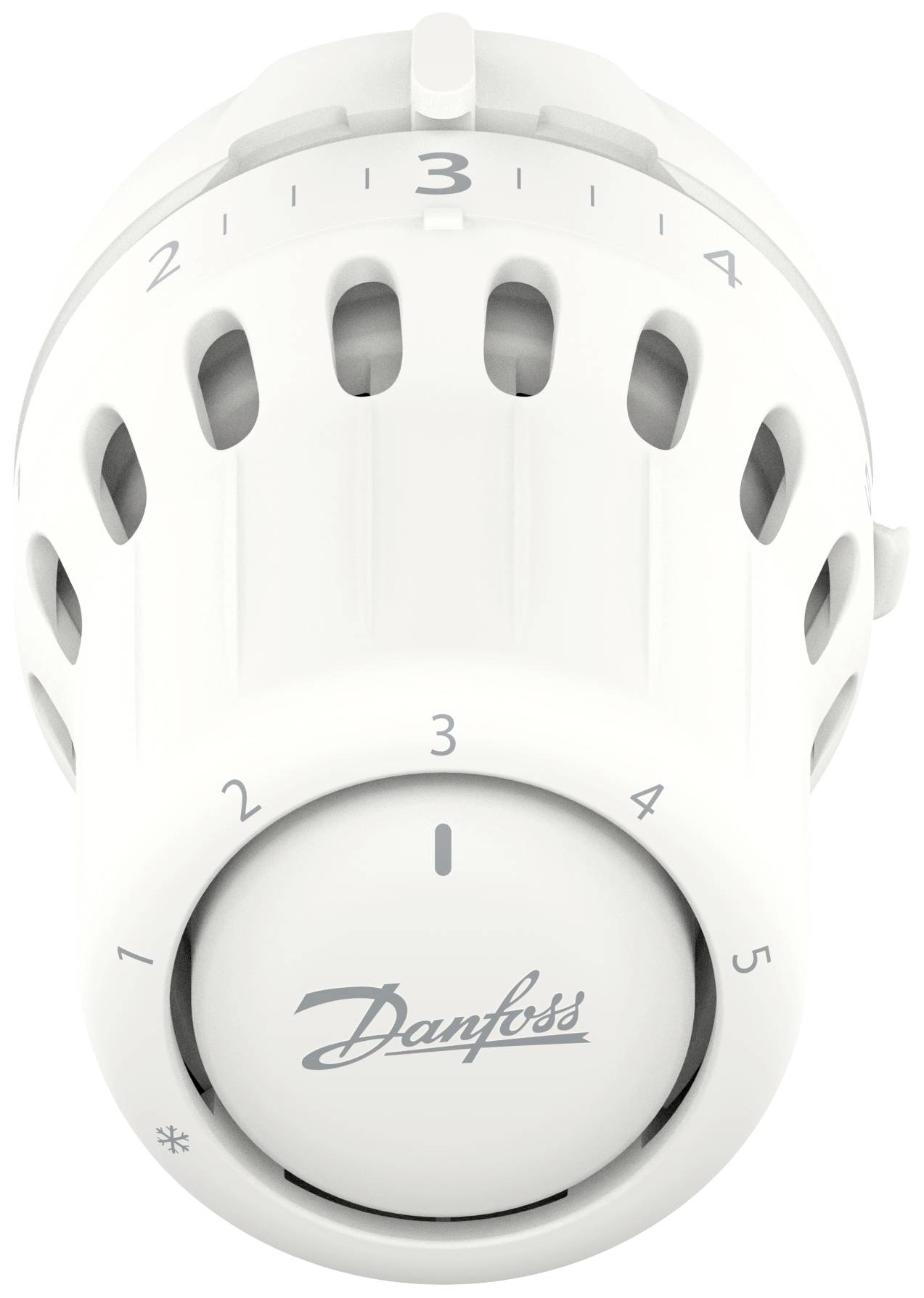 Tête de thermostat avec échelle de 1 à 5, actuellement réglée au niveau 3. Adaptée pour le réglage manuel de la température sur des radiateurs.