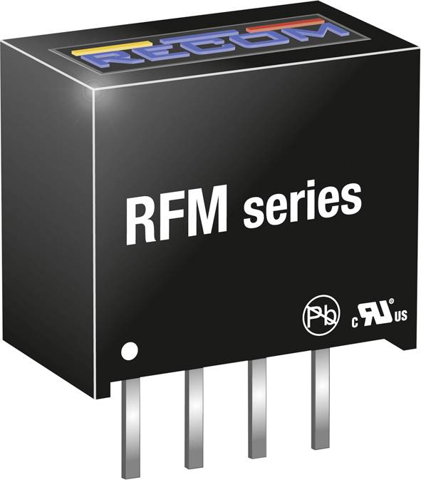 Convertisseurs de puissance de la série RFM de RECOM avec boîtier noir et broches métalliques, logos de certificats de sécurité imprimés.