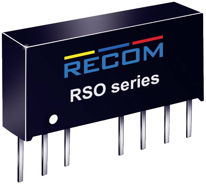 Composant électronique noir avec l'étiquette 'RECOM RSO series', six broches métalliques en bas.