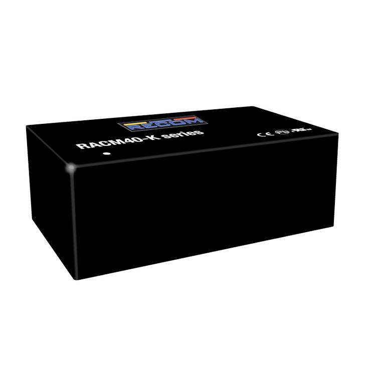 Appareil rectangulaire noir portant l'inscription 'RACM40-K series', avec des logos sur le dessus, composant électronique industriel.