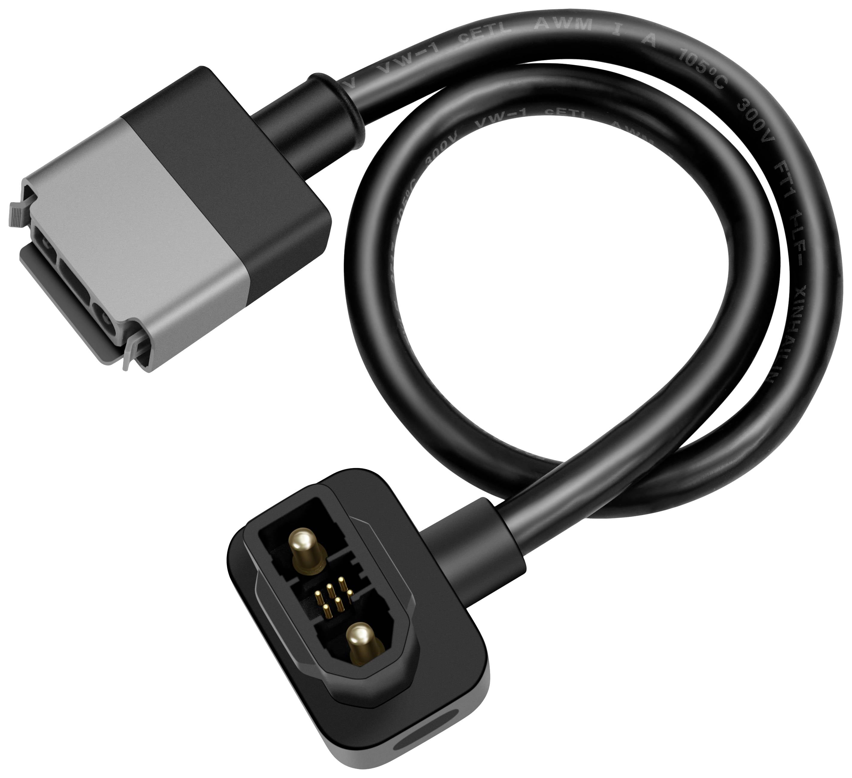 Câble électrique noir avec fiche et prise rectangulaires, utilisé pour des connexions spéciales ou des adaptateurs.