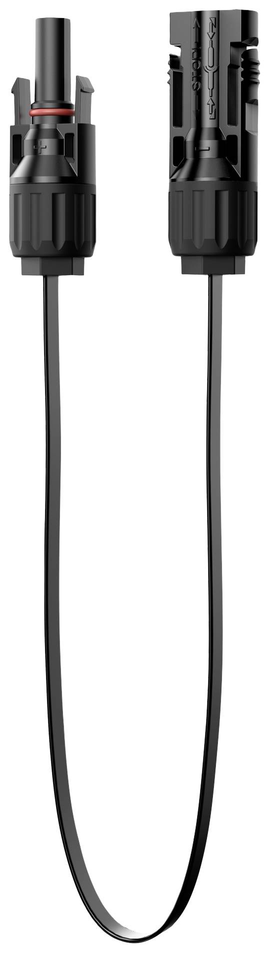 Câble solaire noir avec connecteurs MC4 aux deux extrémités, disposé verticalement. Adapté pour une utilisation dans les systèmes photovoltaïques.