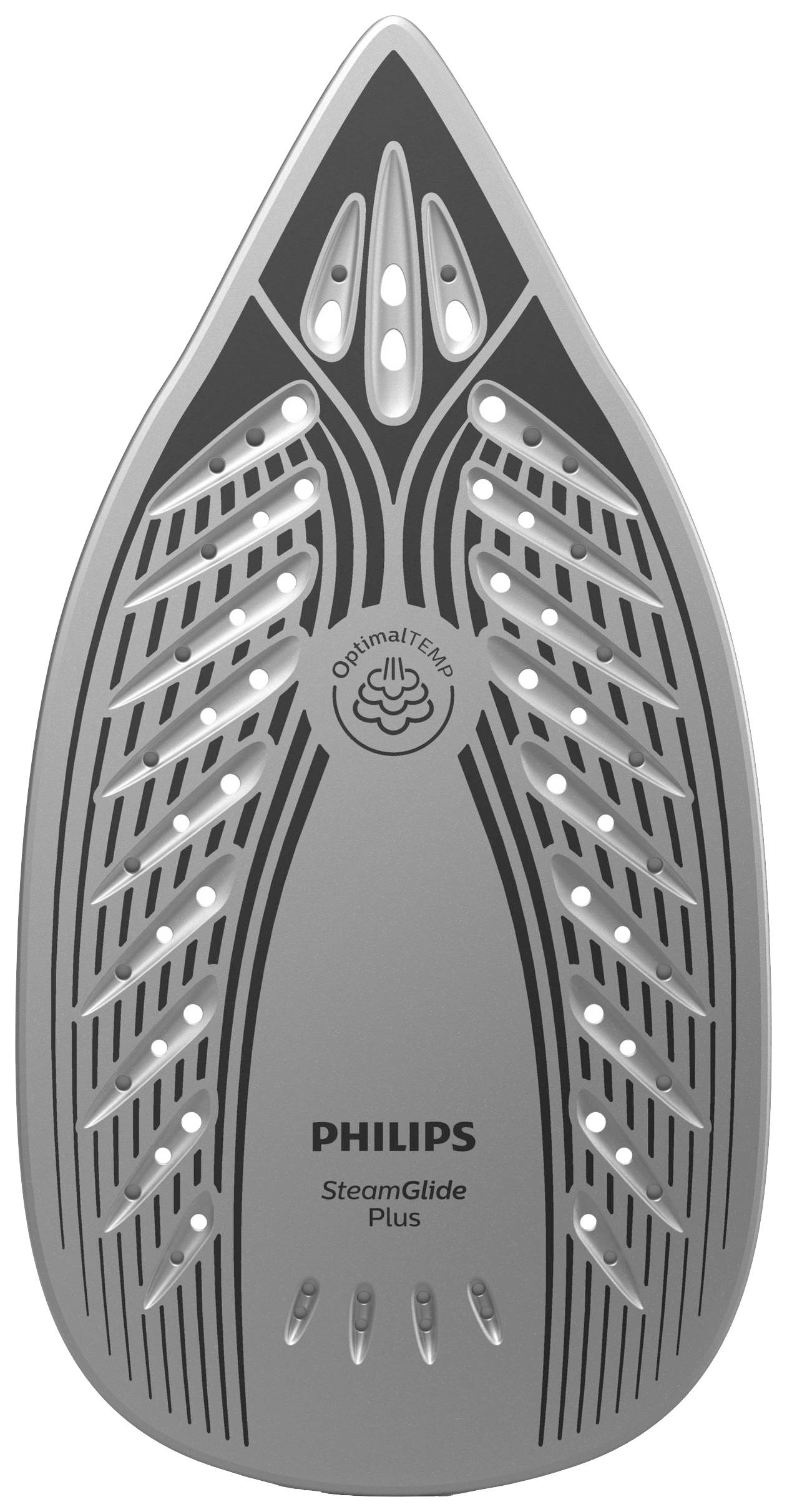 Semelle d'un fer à repasser Philips SteamGlide Plus, argentée avec des trous d'aération et le logo de la marque, offrant une répartition uniforme de la vapeur.