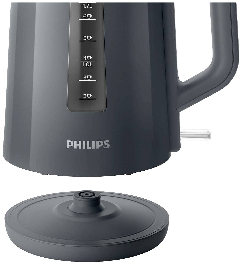 Une bouilloire grise avec son couvercle retiré affiche une échelle allant de 0,6 à 1,7 litres. La marque 'Philips' est imprimée dessus.