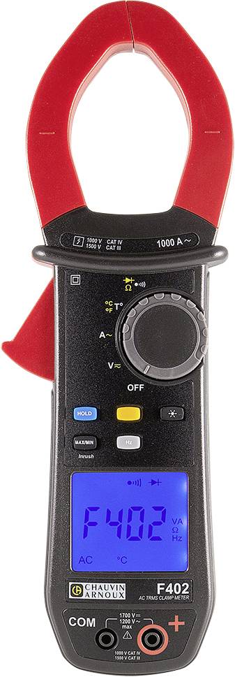 Un ampèremètre numérique à pince avec une pince rouge et un affichage rétroéclairé bleu, affichant 'F402' et des valeurs de mesure.