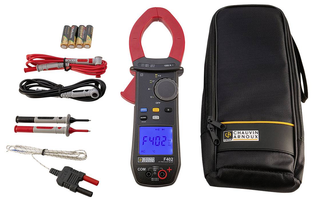 Multimètre avec pinces et accessoires, y compris batteries, sondes de test, câbles et sacoche noire de Chauvin Arnoux.