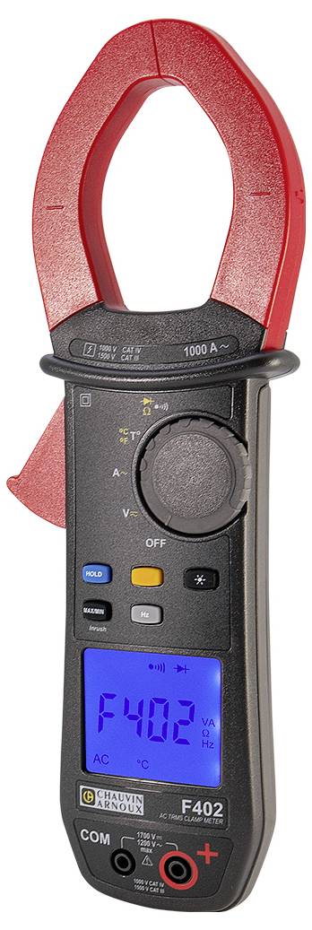 Un ampèremètre numérique à pince avec un affichage bleu indique "F402". Il mesure l'intensité du courant et dispose de pinces rouges pour des mesures sans contact.