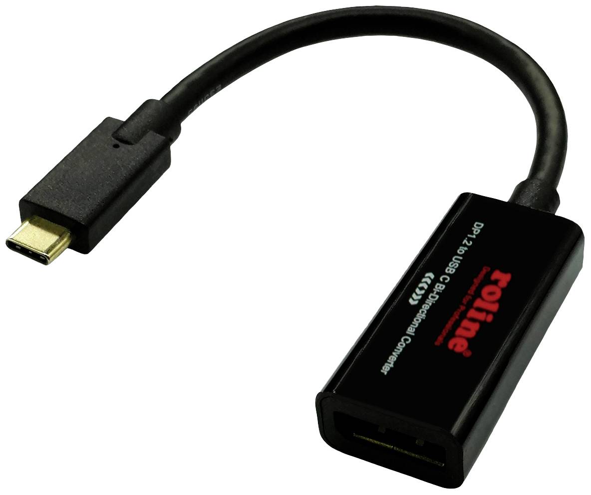 Adaptateur 'Roline' pour la conversion de USB-C à DisplayPort 1.2. Câble noir avec connecteur USB-C d'un côté et port DisplayPort de l'autre.