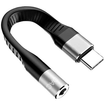 Un adaptateur USB-C vers jack 3,5 mm, noir avec des connecteurs argentés, permet de brancher des écouteurs sur des appareils dépourvus de prise jack.