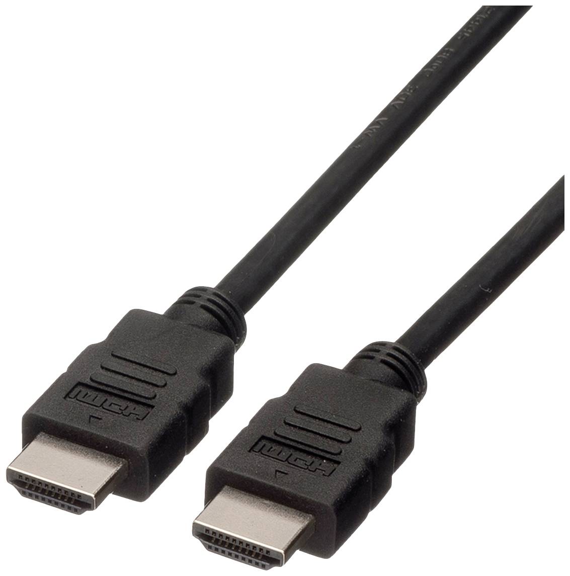 Un câble HDMI noir avec deux connecteurs, utilisé pour raccorder des écrans ou d'autres appareils.