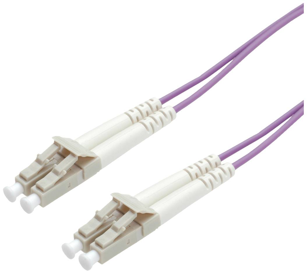 Câbles à fibre optique lilas avec connecteurs LC, adaptés pour la transmission de données à haute vitesse dans les réseaux.