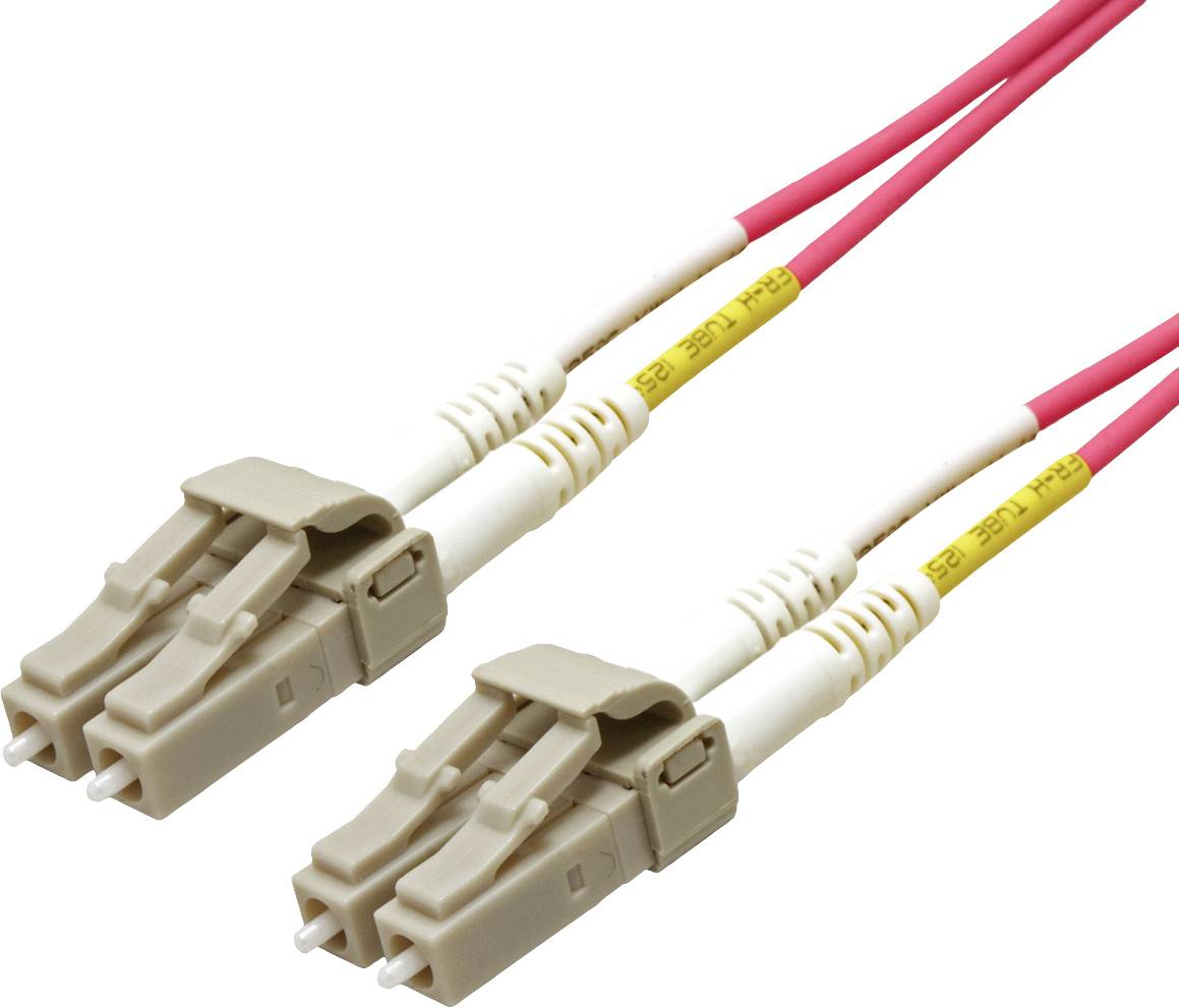 Deux connecteurs à fibre optique LC beiges avec des câbles roses, utilisés pour les connexions réseau.