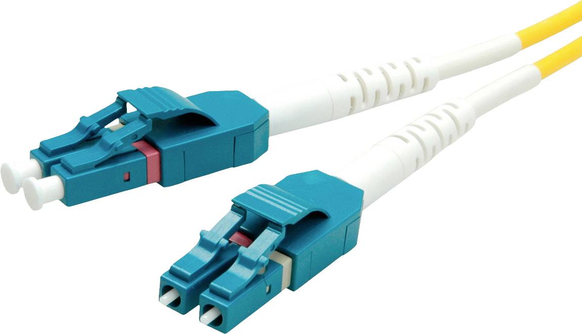 Deux connecteurs à fibre optique LC bleus avec des câbles jaunes sur fond blanc, utilisés pour des connexions de données à haute vitesse.