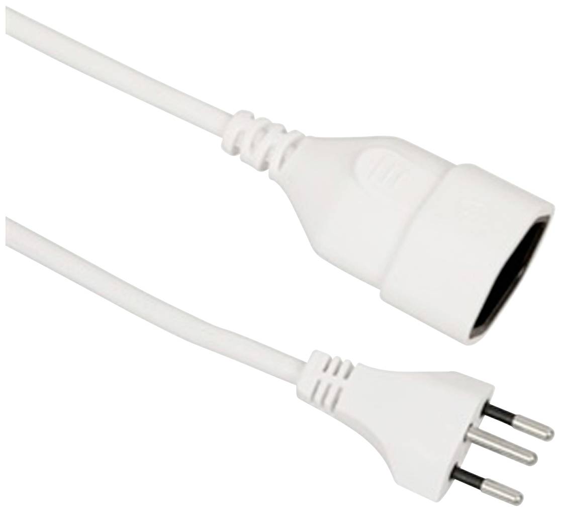 Un câble de rallonge blanc avec une fiche européenne (type C) et une prise, adapté pour raccorder des appareils électriques.