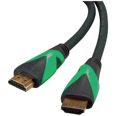 Un câble HDMI noir avec des accents verts et deux fiches HDMI, adapté pour connecter des appareils audiovisuels.