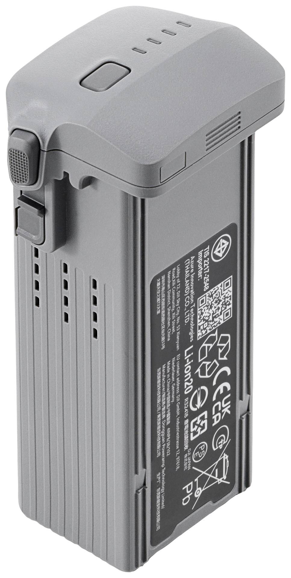 Batterie de drone grise avec spécifications techniques et consignes de sécurité sur la surface.