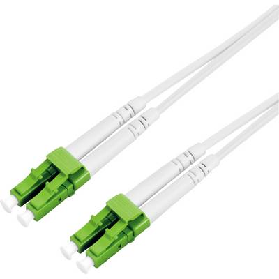 Deux câbles à fibre optique blancs avec des connecteurs verts, disposés côte à côte, présentés sur un fond neutre.