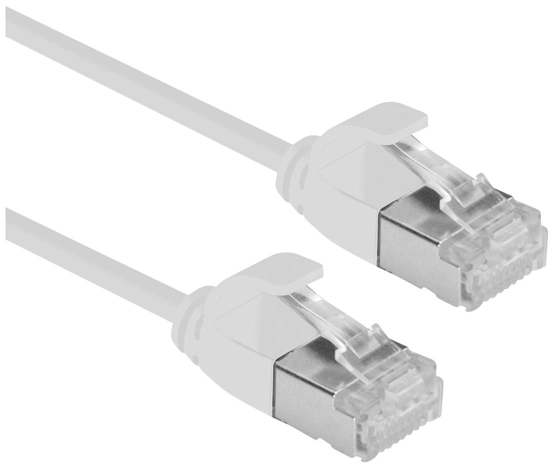 Un câble Ethernet blanc avec deux connecteurs RJ45. Ces câbles sont utilisés pour connecter des appareils réseau.