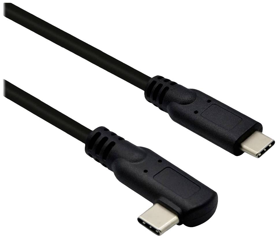 Deux câbles USB-C noirs avec connecteurs coudés, adaptés aux branchements dans des espaces restreints, présentés sur un fond blanc.