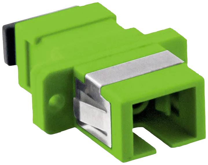 Un adaptateur à fibre optique vert de forme rectangulaire avec un clip métallique pour les connexions de fibres optiques. Adapté aux applications techniques.