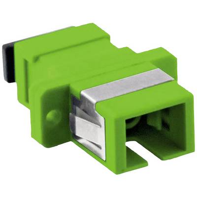 Un adaptateur à fibre optique vert de forme rectangulaire avec un clip métallique pour les connexions de fibres optiques. Adapté aux applications techniques.