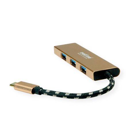 Un hub USB couleur cuivre avec trois ports USB et un câble intégré.