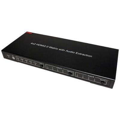 Un appareil noir portant l'inscription '4x2 Matrice HDMI 2.0 avec extraction audio', doté de deux zones de sortie et de divers éléments de commande.