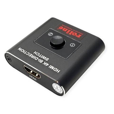 Commutateur HDMI noir de Rolline avec fonction 4K, doté d'un bouton de commutation entre deux sorties HDMI.