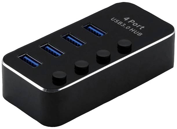 Hub USB noir avec quatre ports USB 3.0 et interrupteurs, compact et rectangulaire, adapté pour connecter plusieurs appareils.