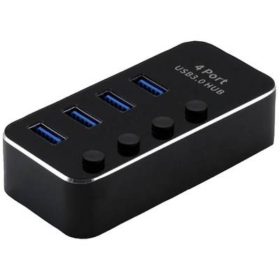Hub USB noir avec quatre ports USB 3.0 et interrupteurs, compact et rectangulaire, adapté pour connecter plusieurs appareils.