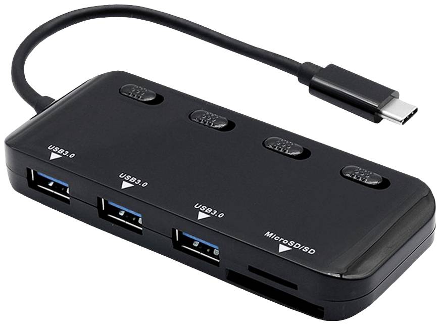 Hub USB avec quatre ports USB 3.0 et un lecteur de cartes MicroSD/SD, connecté via un câble USB-C. Boîtier noir.