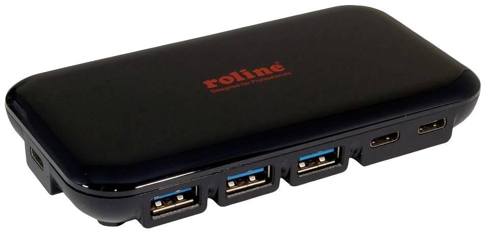 Un hub USB noir avec quatre ports USB et un nom de marque en rouge sur le dessus.