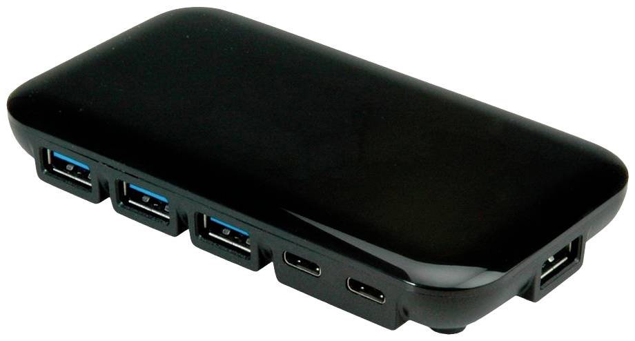 Un hub USB noir avec quatre ports USB 3.0 et un port USB-C, idéal pour étendre les possibilités de connexion.