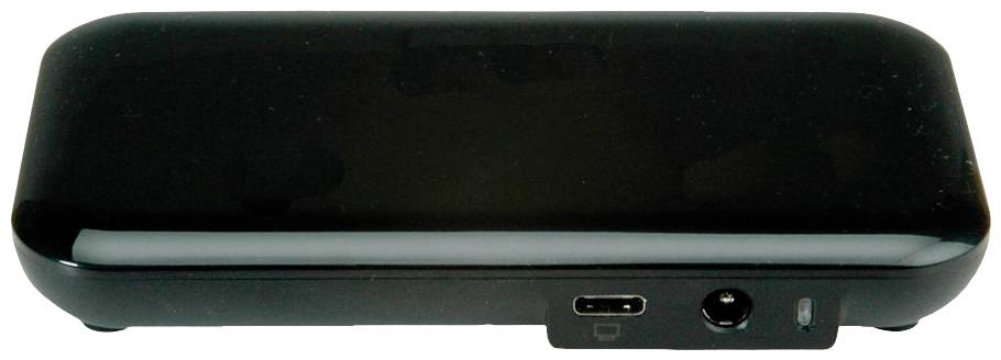 Un chargeur externe noir avec des ports USB et courant continu sur le côté, adapté pour recharger des appareils pendant les déplacements.