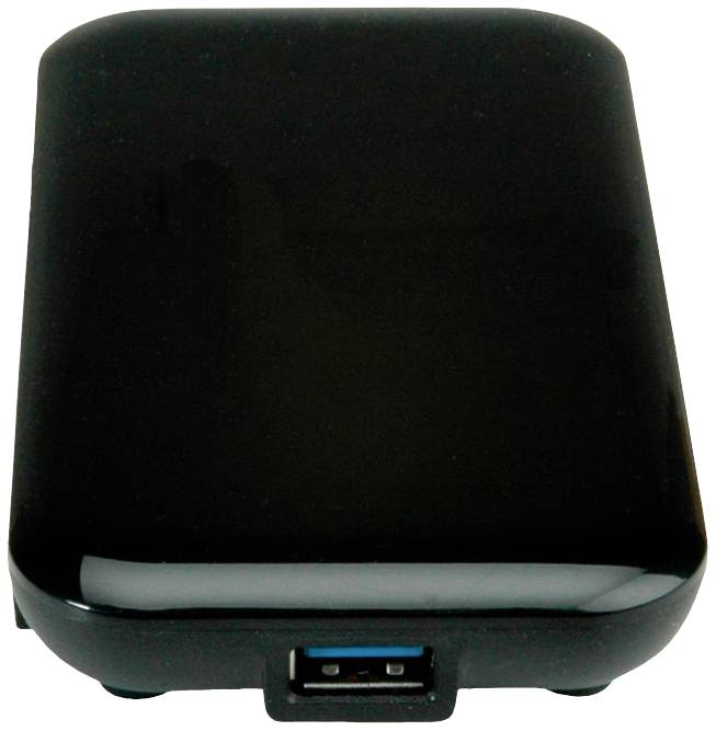 Un disque dur externe noir de forme rectangulaire avec des coins arrondis et un port USB à l'avant.