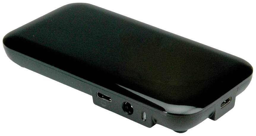 Un appareil électronique noir, rectangulaire avec des coins arrondis, deux ports et un bouton sur un côté.