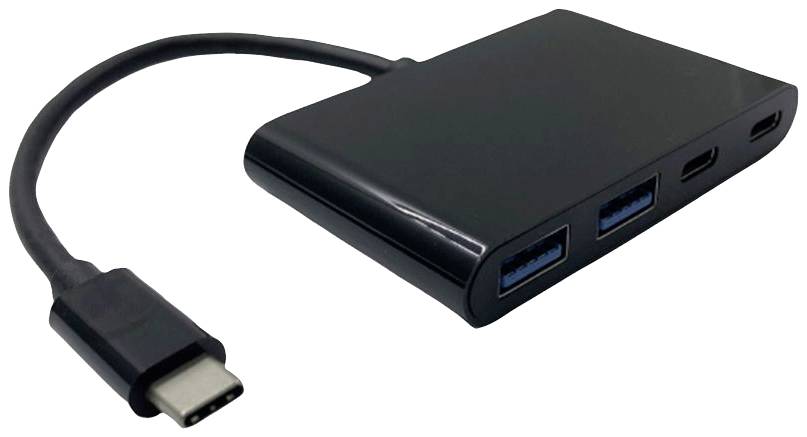Un hub USB-C noir avec deux ports USB-A et deux ports USB-C. Câbles adaptateurs sur le côté gauche.