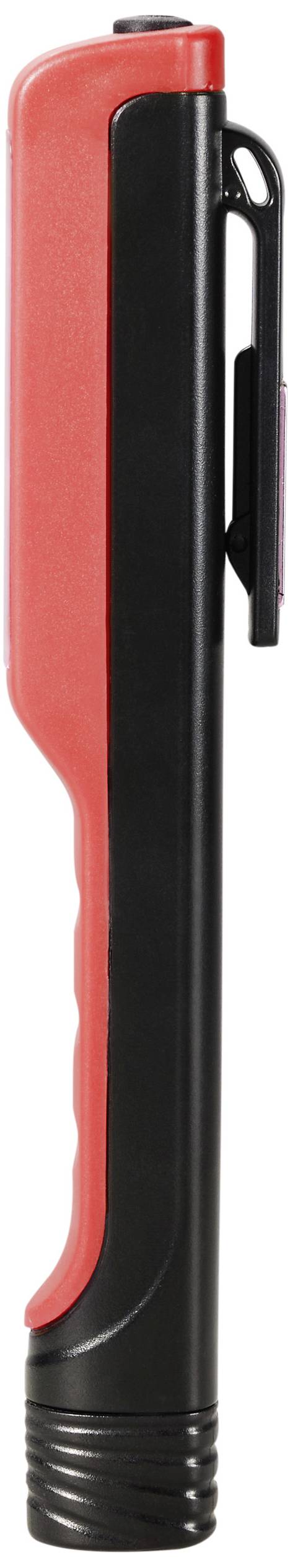 Un stylo noir et rouge avec un clip sur le côté, aligné verticalement.