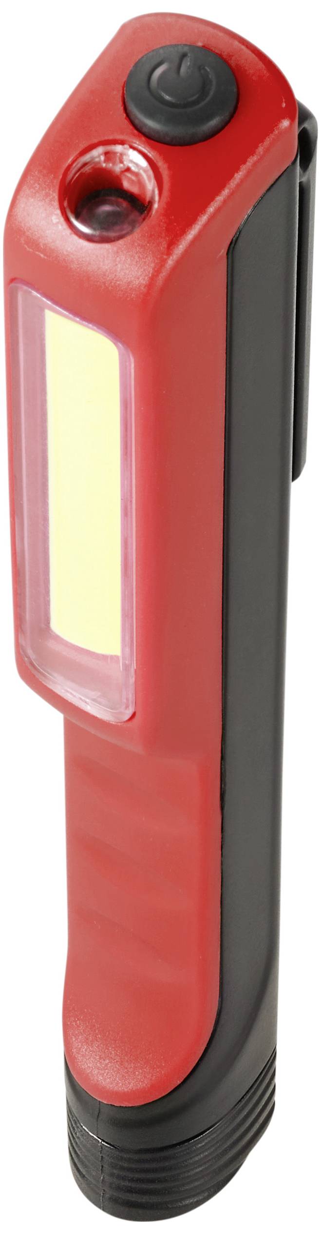 Lampe de poche LED rouge avec poignée noire. Un interrupteur marche/arrêt est situé en haut. Adaptée aux sources lumineuses portables.